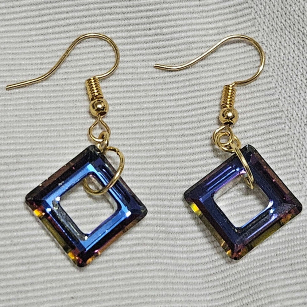 Handmade Dangling 14mm Swarovski Crystal "Cosmic Squares" Gold Fishhook Earrings